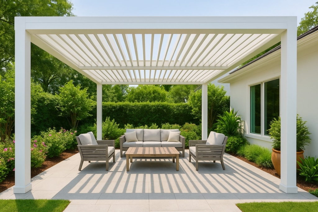 Elegant white pergola roof over patio